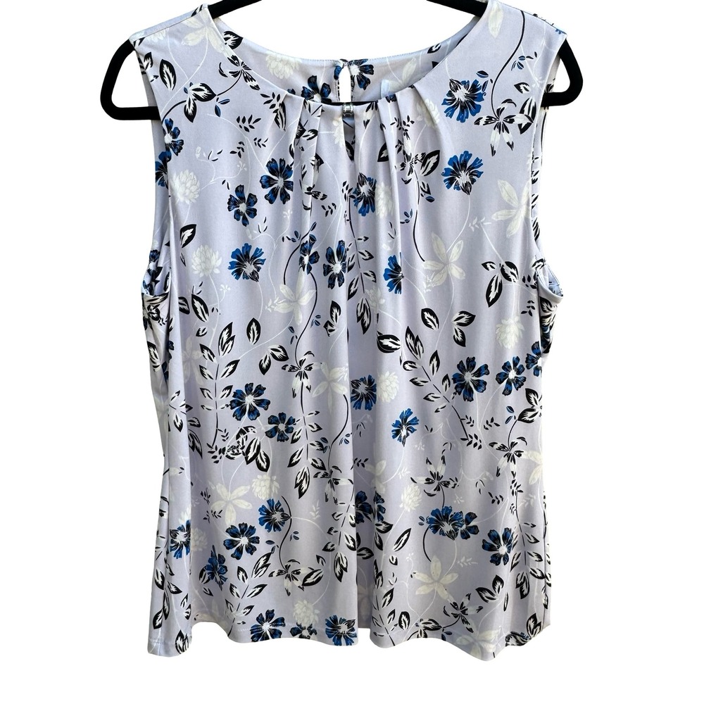Calvin Klein Feminine Cottagecore Floral Pleated Sleeveless Blouse Lavender L